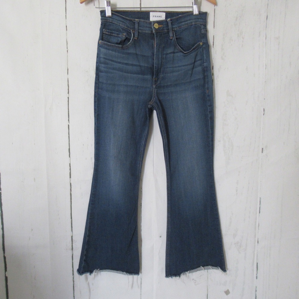 FRAME Jeans 28 Le Crop Flare High Rise Monica Blue Raw Hem Boho LCFRSP159